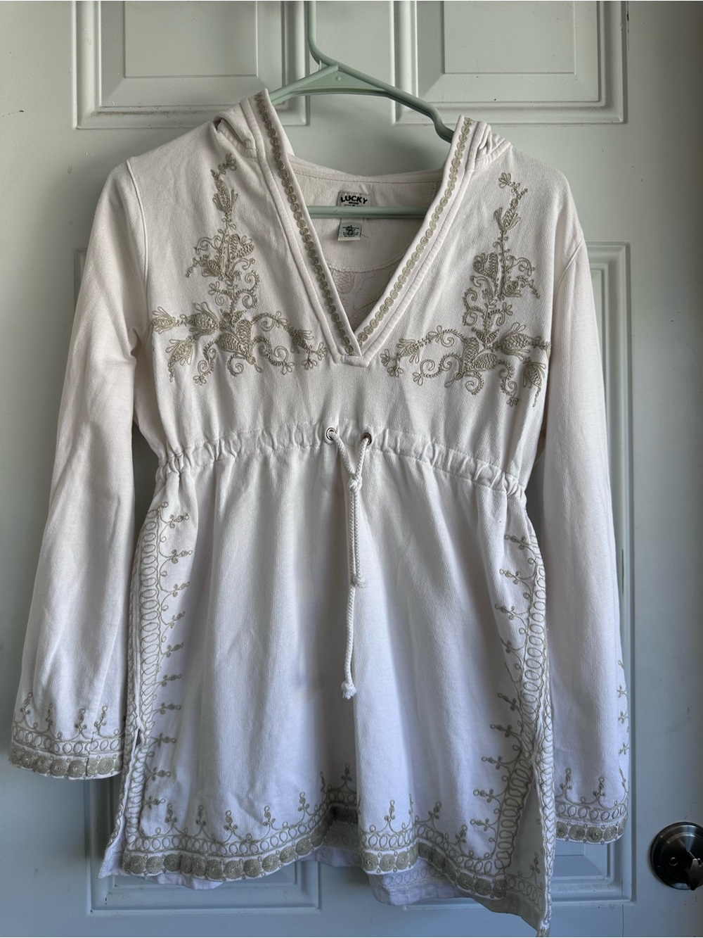 Lucky Brand Ivory Embroidered V-Neck Tunic Hoodie